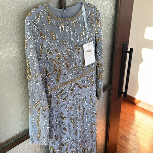 Mac Duggal BEADED LONG SLEEVE EVENING GOWN size 8 in platinum gold NEW $598 - Picture 8 of 12